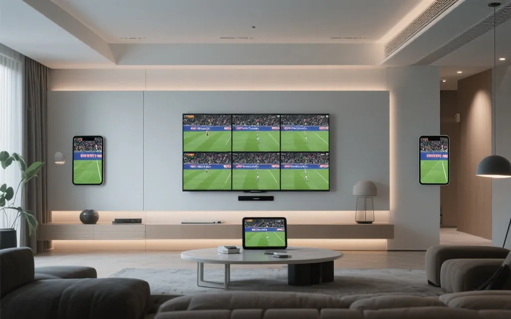 手机平板电视多屏同步观看足球赛事的场景